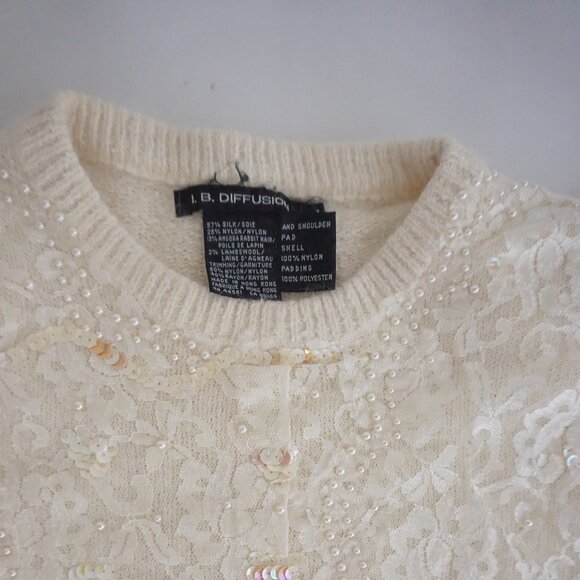 Vintage I.B. Diffusion Cream Silk Wool Lace Beaded Sweater Romantic Old Money L - Picture 9 of 11